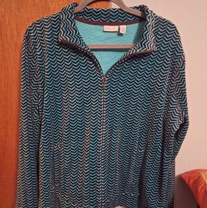 Kim Rogers Women's Teal And Brown Chevron Patterned Zip-Up Jacket Size L